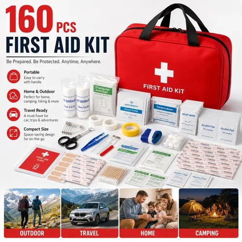 160 Pieces Practical First Aid Bagged Set with Water-Resistant Carry Bag, Compact Portable Emergency Kit with Essential Medical Tools for Travel, Home & Outdoor Use, Hiking