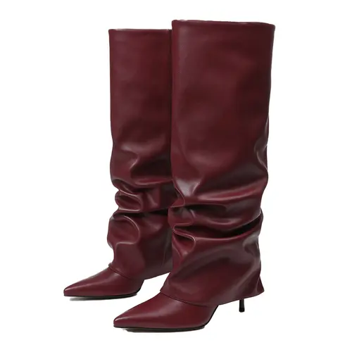 EROCALLI Women's Fold Over Slouchy Knee-High Boots, Pointed Toe Stiletto Heels, Leather Slip-On with Ruched Details, Comfortable Heels for Party, Business, Statement Shoes