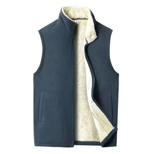 Men's Fitted Woven Winter Casual Fleece-Lined Thick Stand Collar Zipper Vest, Solid Basic Sleeveless Top, Versatile for Everyday Casual Wear, Essential Winter Wardrobe Item