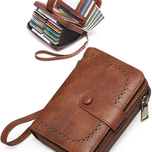 RFID Blocking Protected Shielded Short PU Leather Wallet, Large Capacity Vintage Accordion Card Holder with Zipper & Wrist Strap, Multi Card Slots Universal Zipper Purse for Men Women, Rfid Blocking Wallets, Daily Travel Must-Have, Ideal Mother's Day Gift