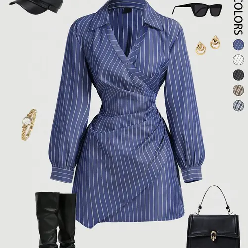 Women's Plaid Striped V-Neck Lantern Sleeve Ruched Fitted Mini Dress, Casual Elegant Dresses, Suitable for Work, School & Everyday, Formal, Casual Fitted Waist