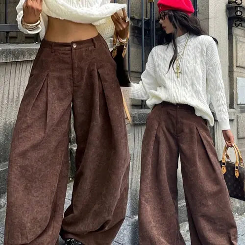 Women's Streetwear Vintage Casual Straight Leg Corduroy Pants, Comfortable Loose Fit, Spring & Fall Fashion, Plain Style, Bottoms, Casual Street Trousers