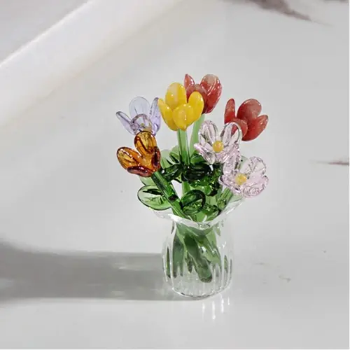 1 Set (8 Flowers + 1 Vase) Handcrafted Mini Glass Artificial Flower Ornaments, DIY Faux Flower Arrangement Bouquet, Decorative Mixed Flower Set for Gifting and Event Decorations, Faux Floral Decor, Artificial Flower Bouquets