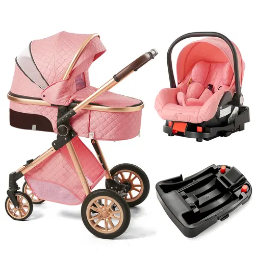 Luxury 3-in-1 High Landscape Baby Stroller Folding Pushchair with Reversible Seat Vista Pram for Comfortable Travel（with base）