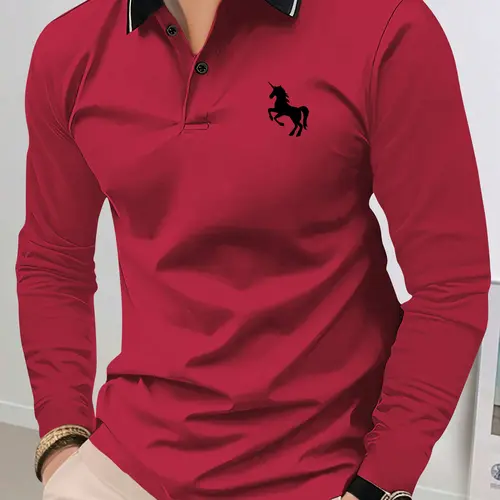 Spring & Autumn Mens Lightweight Polo Shirt with Horse Print Long Sleeve T-Shirt / Fashion Casual Sportswear Suitable for Running, Golf, Fishing & Other Outdoor ActivitiesGreat gift for husband or boyfriend. SpringStatements