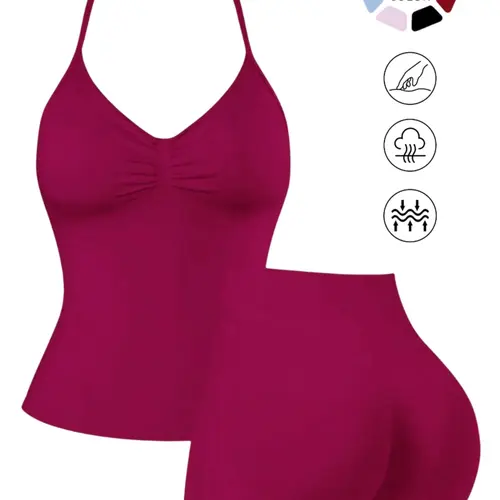Women's Solid Cami Top & High Waist Skinny Shorts Sportswear Set, Athleisure Sportswear Set, High Stretch Activewear, Breathable Seamless Sports Set for Yoga, Gym, Running, Breathable Sporty Outfits, Athletic Clothing Set