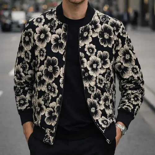 Men's Fitted Crew Neck Long-Sleeve Woven Jacket - Floral & Chain All-Over Print, Fabric Outerwear, College-Style, Pockets, Casual All-Season Menswear, Black, Chain Print