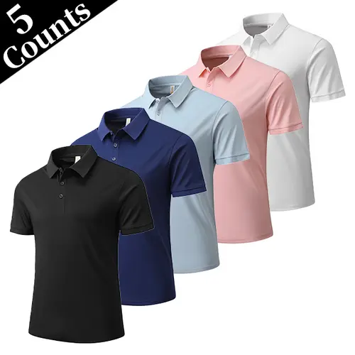 Men's 5-Pack Stitch-Detailed Polo Shirts, Short-Sleeve Breathable Solid-Fabric Tops, Office Business Casual Wear for Summer Pairing with Jeans, Leather Sneakers, Stylish, Classic,back to school,back to school shopping, Shortsleeve