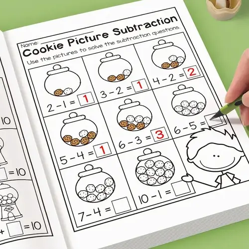 32 Pages Math Exercises: Addition And Subtraction Within 10, For Preschool Education, Preschool Learning Materials, Mental Arithmetic Practice Book, Picture-Based Equation Writing, Visual Learning Tools, Teaching Supplies