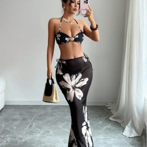 Women's Summer Vacation Print Halter Top, Triangle Bikini Bottoms & Long Dress Set, Casual Beach Pool Party Fashion Swimwear, Bikini Swimsuit Outfit, Bikini Outfits