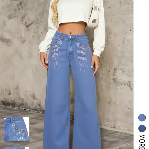 Flvsun Women's High Waisted Cotton Denim Baggy Flare Pants - Button Fly, Rhinestones, Sequins, Vintage Fit, 2000s Streetwear, Baggy Flares, Loose Fit, Straight-Leg, Year-Round Casual, Thanksgiving, Easter, Lived-In Charm