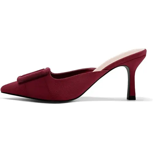 Coutgo Women's Heeled Mules Pointed Toe Suede Buckle Slip On Sandals Kitten Heels Party Wedding Shoes