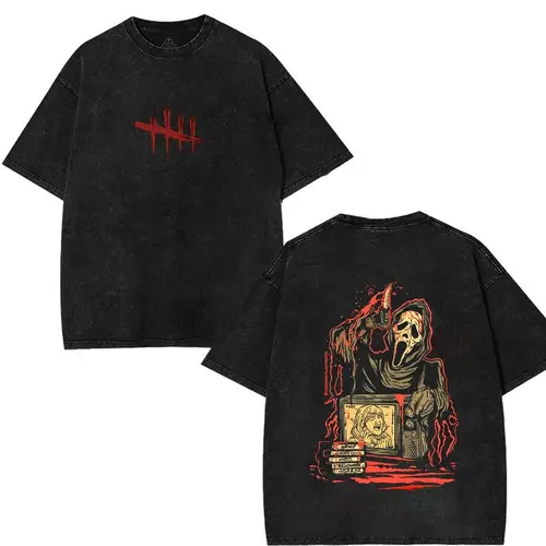 Men's Washed Cotton Ghost Face Dead by Daylight Horror Tshirt - Classic Fit, Round Neck, Smooth Texture, Horror Graphics, Gaming Aesthetic Streetwear Top