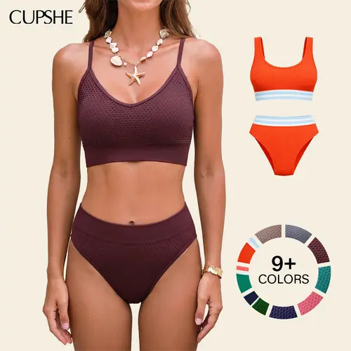 CUPSHE Women's Cocoa Hour Brown Supportive 2-Piece Bikini Set - Adjustable Straps, High-Waisted, Tummy-Smoothing, Classic Coverage Nylon Swimsuit with Diamond Accent #summerfinds