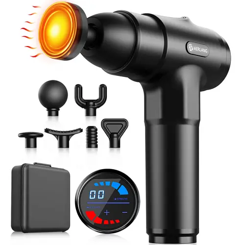 AERLANG Heat Massage Gun, 8 Heads, Adjustable Speed Levels, Silent Muscle Percussion Massager for Low Back & Neck Pain Relief, Home-Car Use, Beauty & Personal Care Therapy Gift, Low Back Pain Relief,back to school,back to school haul