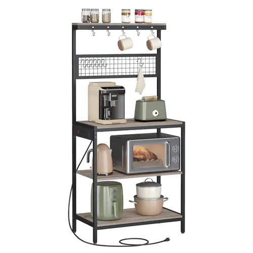 【Holiday Haul】VASAGLE Bakers Rack with Charging Station, 80 cm Coffee Bar with Adjustable Storage Shelf, Microwave Stand, Grid Panel, 12 Hooks, for Kitchen