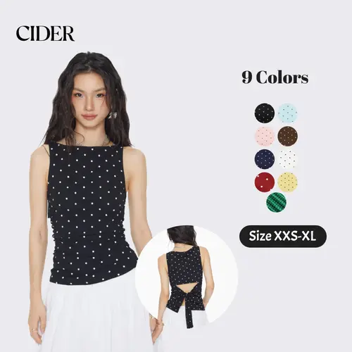 Cider Cotton-blend Boat Neck Knotted Polka Dot Ruched Tank Top Casual Sleeveless Tops Casual Fit Sleeveless SummerWins SummerFinds