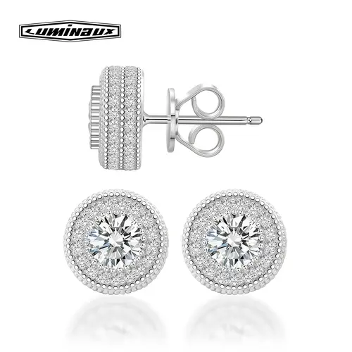 [Pass Diamond Tester] 18k Gold-Plated Double Halo Ice Lab-Created Moissanite Stud Earrings Moissanite Jewelry Perfect Birthday Monther's Day Gift for Men Women