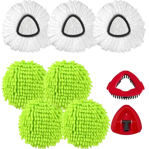 Mop Heads Replacements for OCedar EasyWring 1 Tank Spin Mop System, Mop Replace Head with 3 Microfiber Mop Head Refills, 4 Chenille Mop Pads,1 Scrub Brush, and 1 Mop Base Set Combo, Clean Floors Solution, Hard Floor Cleaning