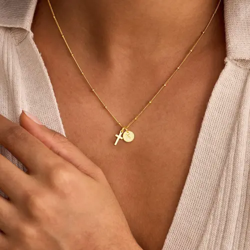 Turandoss 14 Karat Gold Plated Cross Initial Necklace - A-Z Letter Disc Pendant, Dainty Faith Jewelry for Women, Teenage Girls Gifts for Valentine's Day & Birthday