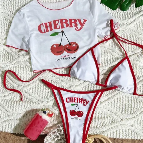 Women's Cartoon Cherry Print Short Sleeve Bikini Set, Summer Beach Bikini, Drop Waist Fitted Swimwear, Casual All Seasons Bathing Suit, Swimsuits Summer, Printed Bikini