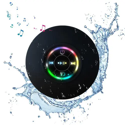 Portable Black Bluetooth Speaker - Wireless, Waterproof, 20kHz Audio, Suction Cup, LED Light, Rechargeable, Hands-Free, Smartphone/Tablets Compatible, Home Bathroom Man Cave Gadget, Mini Useful Gifts for Music Setup