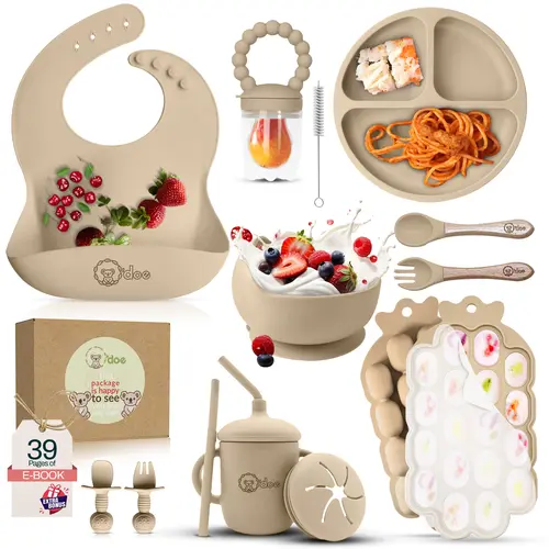 O'doe Baby Weaning Silicone Tableware Set, 15-Pcs Food Grade Kit for 6-12 Months with Suction Plate & Bowl, Curved Grips Utensils, Bilingual Support, Freezer-Safe, Phthalate-Free, BPA-Free for Baby-Led Weaning
