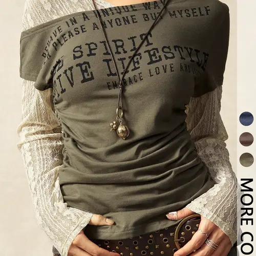Letter Print Faux Two-Piece Long-Sleeve Fitted T-Shirt, American Vintage Style, Casual Daily Wear, Streetwear, Men's Clothing
