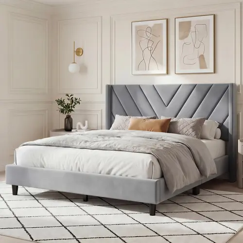 Costoffs Full Size Modern Bed Frame with Wingback Tufted Stitch Velvet Headboard - Luxe Touch, Wooden Slat Support, No Box Spring Needed, 6" Under-Bed Space, Light Gray Mattress Foundation, Wingback Tufted Headboard