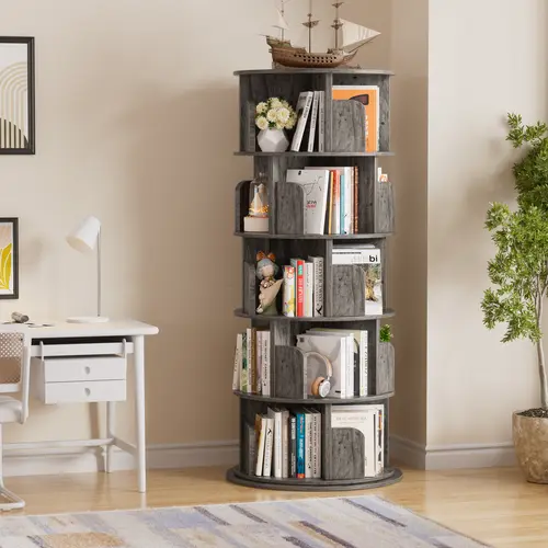 Multi-Tiers 360° Smooth-Swivel Base Bookshelf with Baffle Stays Put - 16-24 Cubbies Floor-Standing Open Display Storage Rack, Corner Organizer for Small Apartments, 45lb Capacity Books Storage