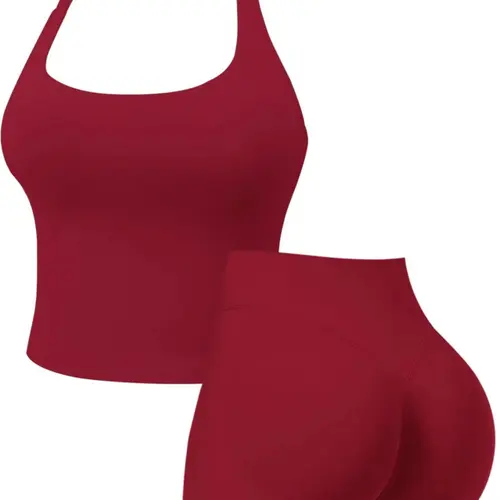 Two-Piece Set Women's Solid Color Halter Top & High Waist Shorts Sports Set, Sporty Breathable，Quick Drying Outfits for Yoga Gym Workout Running, Ladies Sportswear for Summer，Workout Running Clothes