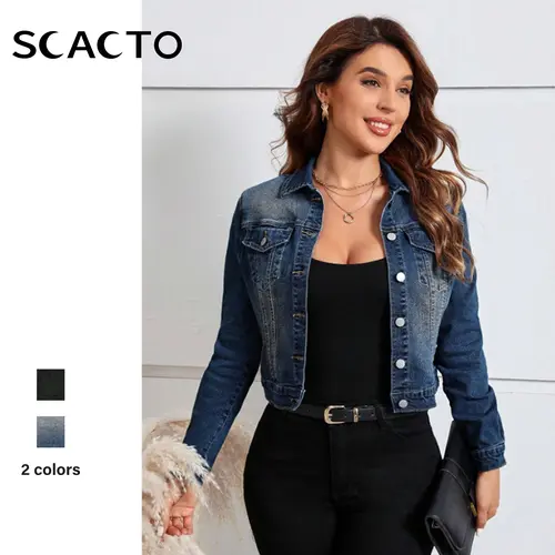 【Plus Size】Scacto Women's Plus Size Collared Long-Sleeve Distressed Cropped Cut Denim Jacket, 100% Polyester Plain Style Outerwear Coats, Sizes S-3XL, Longsleeves