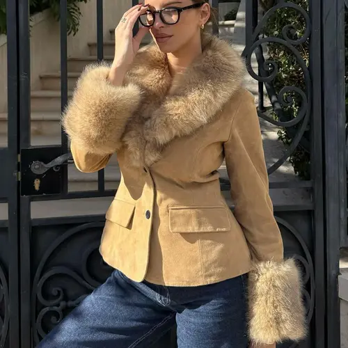 Women's Vintage Suede Jacket Coat, Faux Fur Trimmed Collar Cuffs and Button Design, Slim Fit Fall Winter Fashion Outerwear