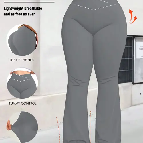Women's Plus Size Cross-Waist High-Rise Stretchy Elastic Flare Leg Pants, Fitted Comfortable Style, Casual Daily & Commuter Wear, All Seasons, Casual Bottom