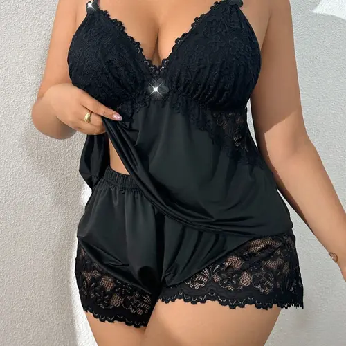 Plus Size Women's Lace Soft Floral Pajama Set, Sexy Sleeveless Fitted Lingerie Sleepwear, All Seasons Comfortable Home Clothing