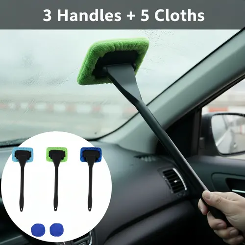 Car Washing Kit - Automotive Detailing Products, Vehicle Cleaner, Windshield Cleaning Tool, 5 Washable Reusable Microfiber Pads, 3 Handles, Lightweight Carry, Microfiber Grabs Dust, Great for RV Windows, Car Interior Glass Accessory
