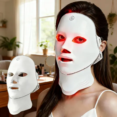 7-Color LED Facial & Neck Mask - LED Face Mask, LED Photorejuvenation Mask, Red Light Mask, Led Beauty Mask, Cordless Rechargeable, Ergonomic & Portable Skincare Kit for Home, Travel, Yoga, Daily Personal Care, Ideal Gift