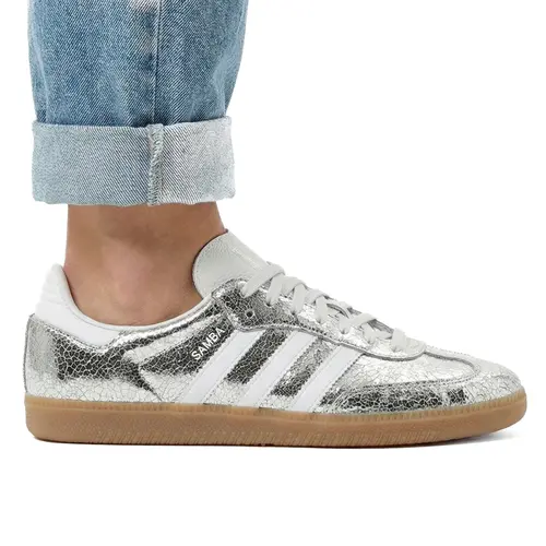 Adidas Samba OG Women's Low Top Cracked Leather Finish Sneaker - Silver Metallic, Round Toe, Laces, Rubber Sole, Street Casual Trainer (JR0035)