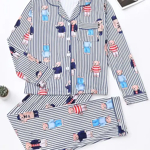Women's Fall/Winter Printed Pajama Set, Cute Bear Print Striped Stripe Comfortable Fitted Long Sleeve Lapel Top With Pockets & Elastic Pants, Ladies Casual Homewear Loungewear Sleepwear Pjs Womenswear