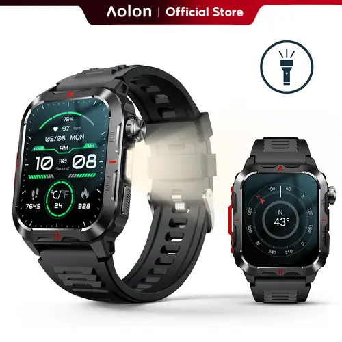 Aolon Tetra S5 Military-Grade Rugged Smartwatch (Wearable Tech Device) - 1.93'' Screen, Compass, Flashlight, Custom Buttons, Digital Crown, IP68 & 1ATM Waterproof, Hiking Outdoor Fitness Modes, iOS & Android Compatible, Cool Gadget, Unique Gift for Men