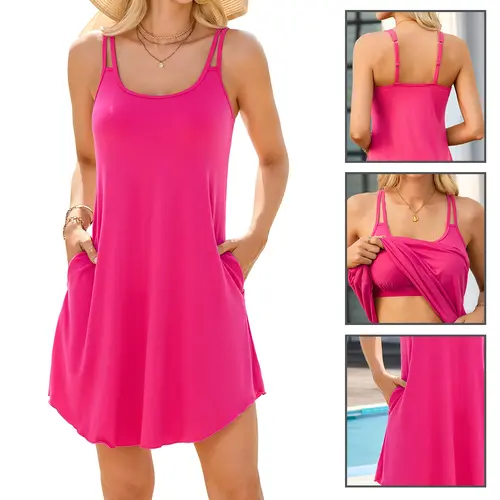 V FOR CITY Womens Summer Dresses with Built in Bra Double Spaghetti Strap Beach Dress Scoop Neck Sundresses with Pockets