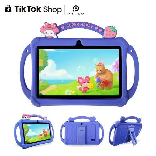 [Summerwins] PRITOM Kids Tablet 7 inch Android 13 Bluetooth WiFi HD Screen with Protective Case Parental Control System Dual Cameras Pre Installed Educational Apps Ideal Learning Tablet for Boys and Girls Pink Blue Best Gift For Kids