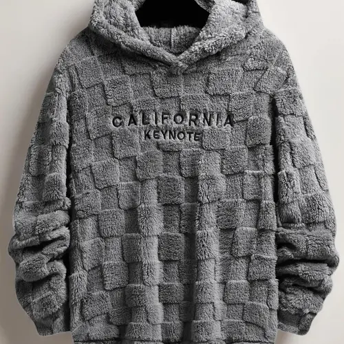 Men's California Textured Letter Embroidery Fleece-Lined Hoodie - Relaxed Fit Stretch Pullover, Long Sleeve Casual Sweatshirt for Fall Christmas, Menswear Gift Top