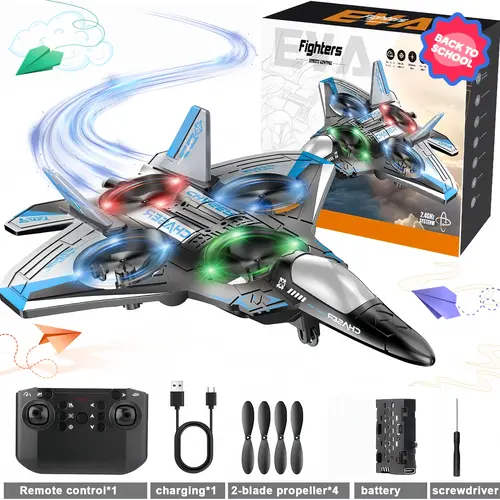 EVA  jet airplane, ideal summer backyard flying toy for boys and girls. Built with LED lights, altitude hold and cool 360° flip stunt function, equipped with 1 rechargeable battery, easy to control for kids summer holiday entertainment.