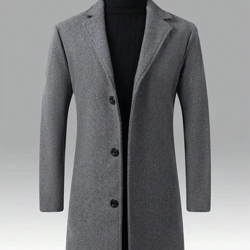 KZZ Men's Classic Midi Button-Up Coat, Casual Solid Warm Long-Sleeves Regular-Fit Outerwear with Easy Button Front, Lapel Neck for Fall & Winter Daily Wear, Casual Outfit Boost,clothes for back to school,first day of school outfits