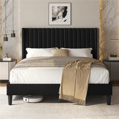 Costoffs Linen Fabric Upholstered Bed Frame Queen with Wood Slat Ventilation 6" Under-Bed Space Easy Assembly, Upholstered Platform Bed, Sturdy Bed Frame