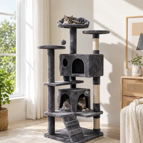 Costoffs 54in Cat Tree Tower Condo - Indoor Vertical Scratcher with 2 Condos, 2 Dangling Balls, 3 Scratching Posts, Feline Activity Center