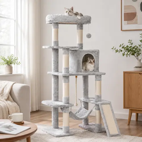 Costoffs 63in Multi-Level Indoor Cat Tree - Natural Sisal Scratcher, 7 Sisal Posts for Healthy Claws, Plush-Lined Condo with 7.5" Entry, Safe Durable Materials, Extra Stable Vertical Pet Activity Center, 30.5″ L×19″ W×63″ H, 18lb Perch/22lb Condo Capacity