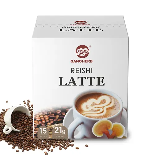GANOHERB Reishi Latte coffee—15 sachets (11.1 oz),6 adaptogens.Expertly crafted from select coffee beans and milk,this drink offers a rich,smooth flavor.Gluten-free and free from additives,it provides a boost of energy and enhanced focus.