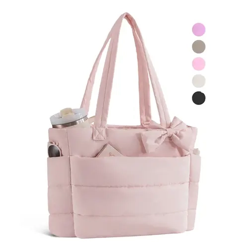 Women's Lightweight Quilted Tote Bag with Zipper, Multiple Compartments, Cup Holder and 15.6-Inch Laptop Compartment, Daily Commuter Tote, Nurse Travel Bag, Practical Bag, Commuter Bags